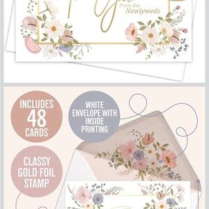 Honeyplum Wedding Thank You Cards Floral with Gold Foil - Bulk set of 48 - NEW